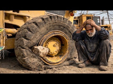 Caterpillar Loader Tire Burst on Site | Big Stone Inside Tire | Unbelievable Repair