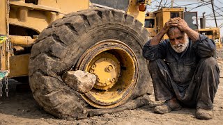 Caterpillar Loader Tire Burst on Site | Big Stone Inside Tire | Unbelievable Repair