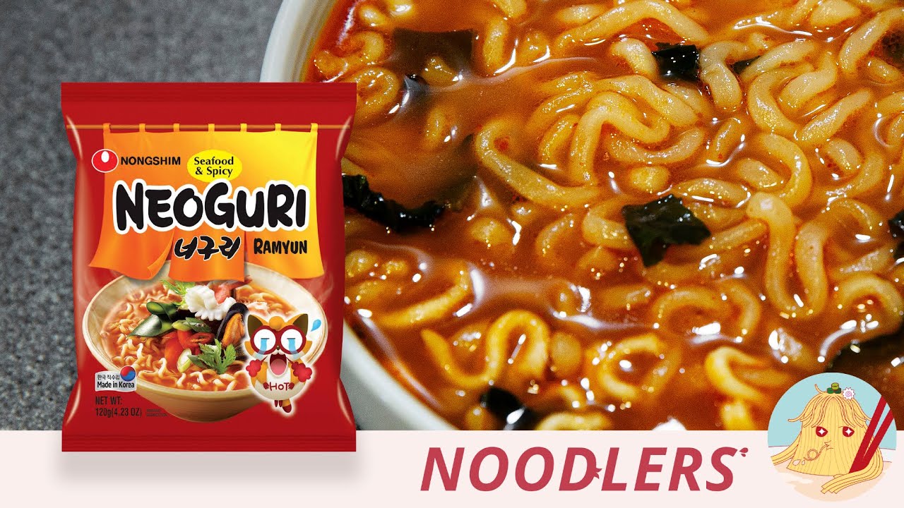 Nongshim Neoguri seafood spicy ramyun noodle soup shown with the thick udon-style noodles in a bowl