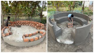 DIY Circular Garden Seating | Building a Brick and Cement Outdoor Sofa | 