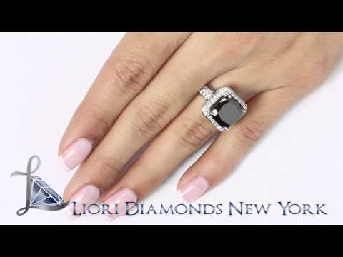 BDR-123 - 5.07 Carat Cushion Cut Black Diamond Engagement Ring 14k White Gold Pave Halo