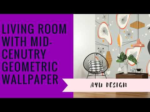 Living Room With Mid Century Geometric Wallpaper