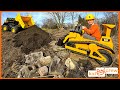 Paving rocky slope with kids ride on dump truck, bulldozer, and side by side. Educational | Kid Crew