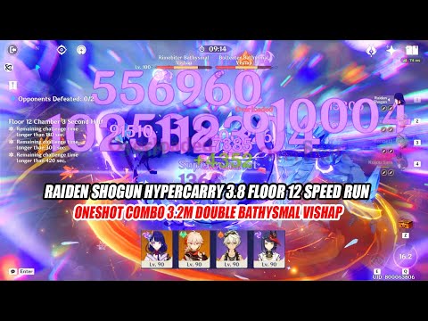 Raiden Shogun HyperCarry 3.8 Floor 12 Speed Run - Oneshot Combo 3.2M Double Bathysmal Vishap