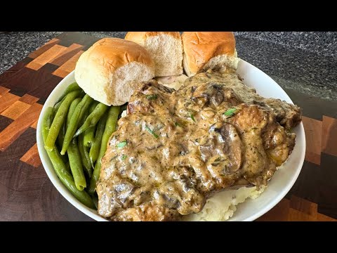 Sunday Dinner! Smothered Pork Chops in Cream of Mushroom Gravy, Buttery Mashed Potatoes, Green Beans