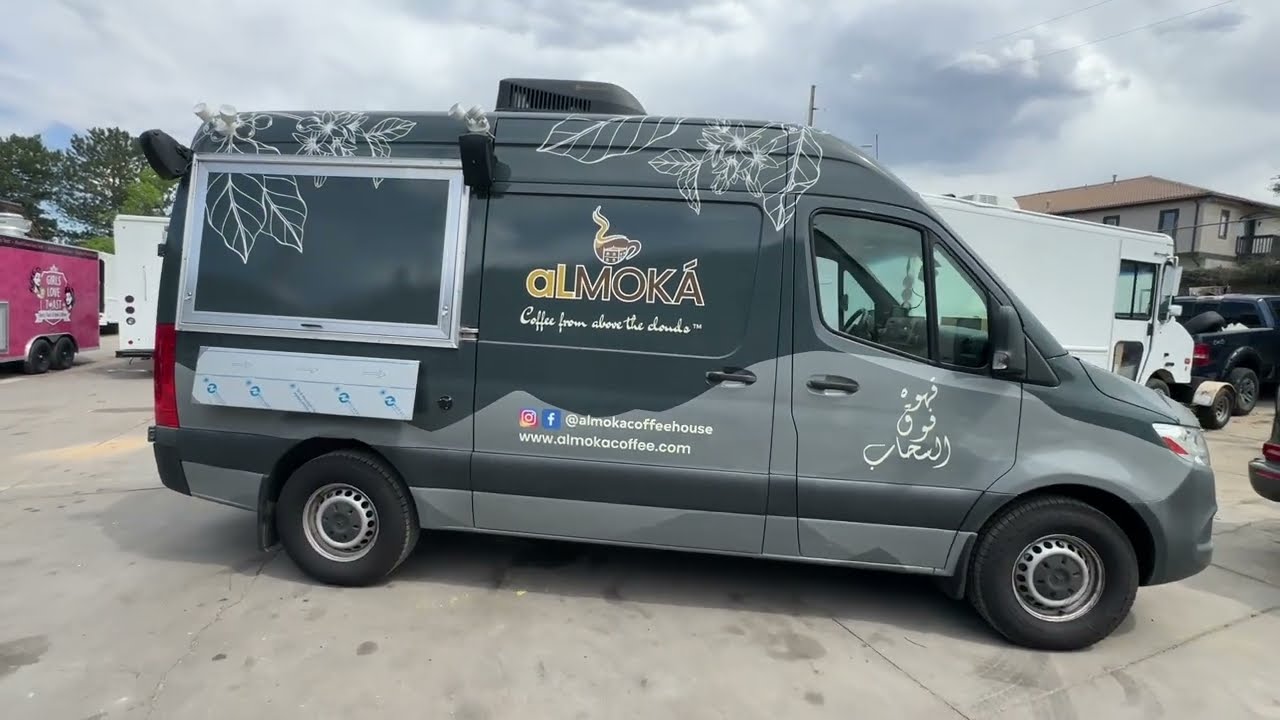 10ft Mercedes Sprinter van converted into a specialty coffee truck by Zion Foodtrucks for alMOKA Coffee, Chicago and Northern Illinois