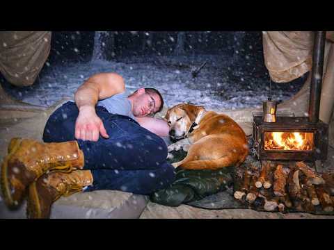 Caught in a Heavy Snowstorm! – Hot Tent Camping All Day With My Dog