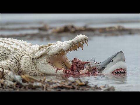 PREDATOR vs PREDATOR - Albino Crocodile's Deadly Encounter with Great White Shark. Live Sound