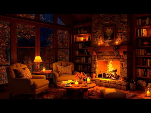 Cozy Autumn Reading Nook Ambience 🍂 Slow Jazz, Gentle Night Rain & Fireplace Sounds for Relaxation