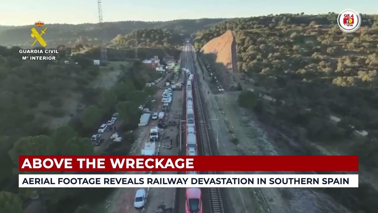 Aerial footage reveals railway devastation in southern Spain after train collision claimed 39 lives