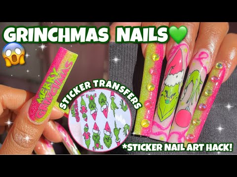 PINK & GREEN GRINCH ACRYLIC NAILS! | EASY TRANSFER STICKER NAIL ART HACK😱 | BEGINNER FRIENDLY NAILS