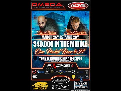 HUGE MONEY MATCH! Tony Chohan vs. Chip Compton, One-Pocket Game. Day 1, Part 1 of 2, Race to 27.