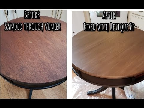 Antique drum table SAVED!  Veneer damage FIXED with "Retique It" a paint on wood that can be stained
