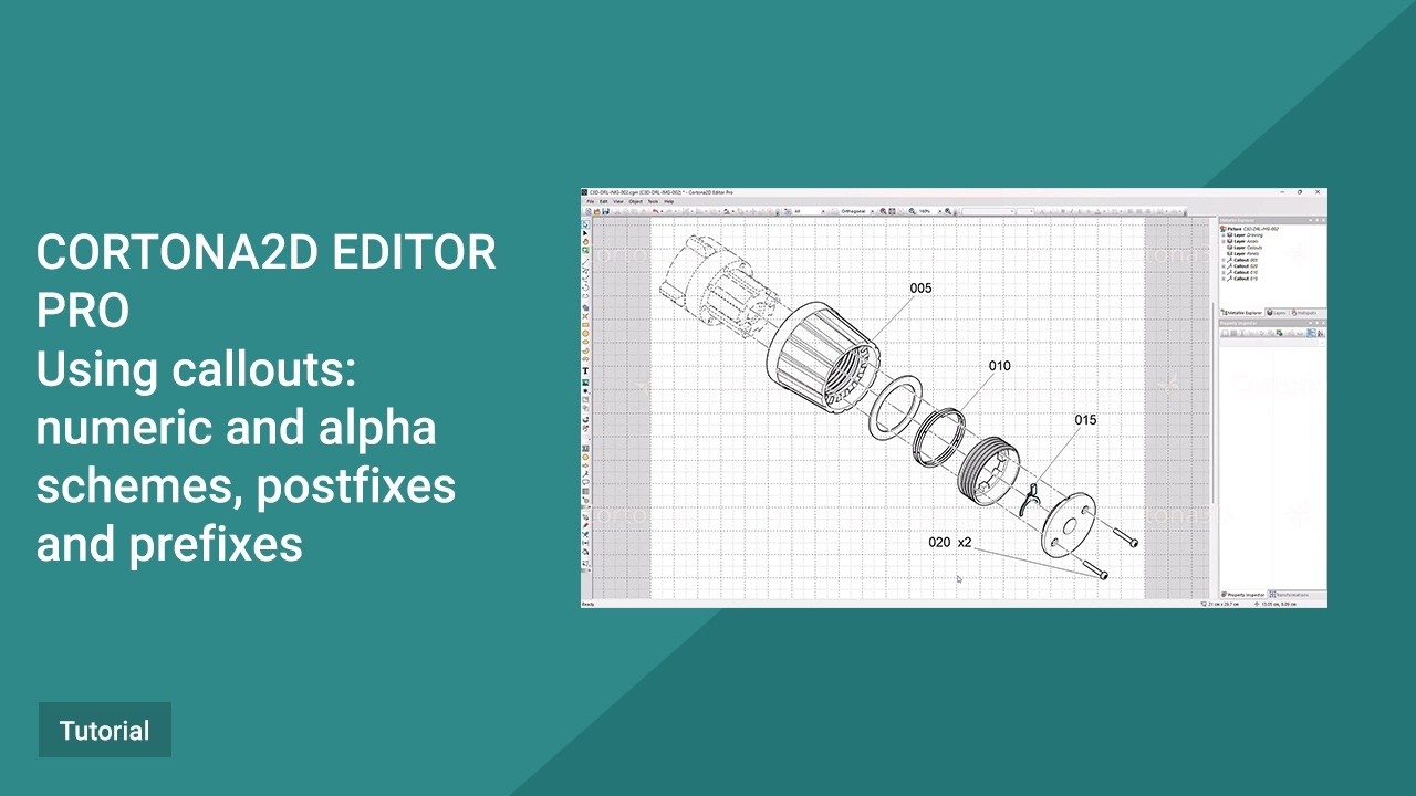 Cortona2D Editor Pro Tutorial. Using callouts: numeric and alpha schemes, postfixes and prefixes