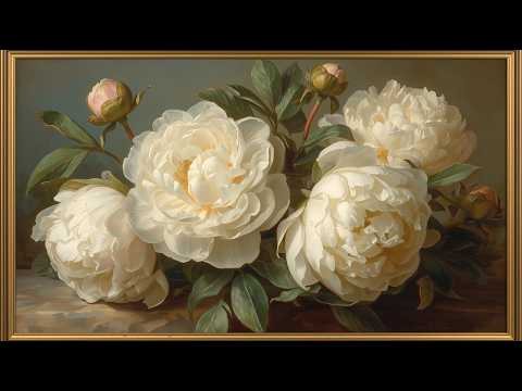 Vintage White Peonies Oil Painting | Elegant Gold Frame | Timeless Floral Art | TV Screensaver 4K
