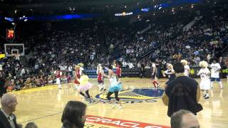 preview picture of video 'Warriors basketball game half time performance with Dublin High school cheerleaders and their dads!'