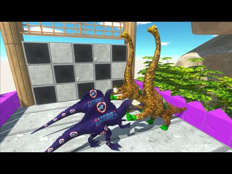 2X CAPTAIN AMERICA SPINO vs 2X AQUAMAN BRACHIO vs BATMAN T-REX - Animal Revolt Battle Simulator