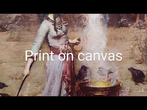 Witch ritual: the witch draws a magic circle around the witch's cauldron. Occult art print.