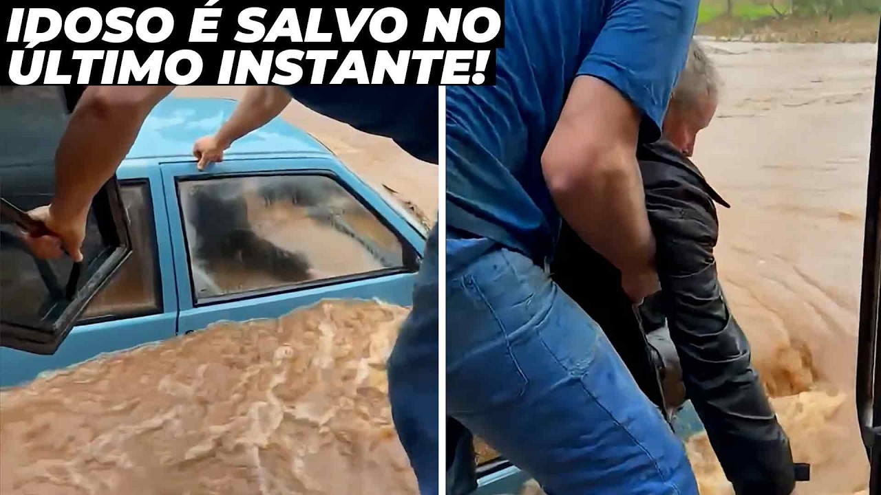 Idoso é resgatado de carro submerso por um trator no último segundo