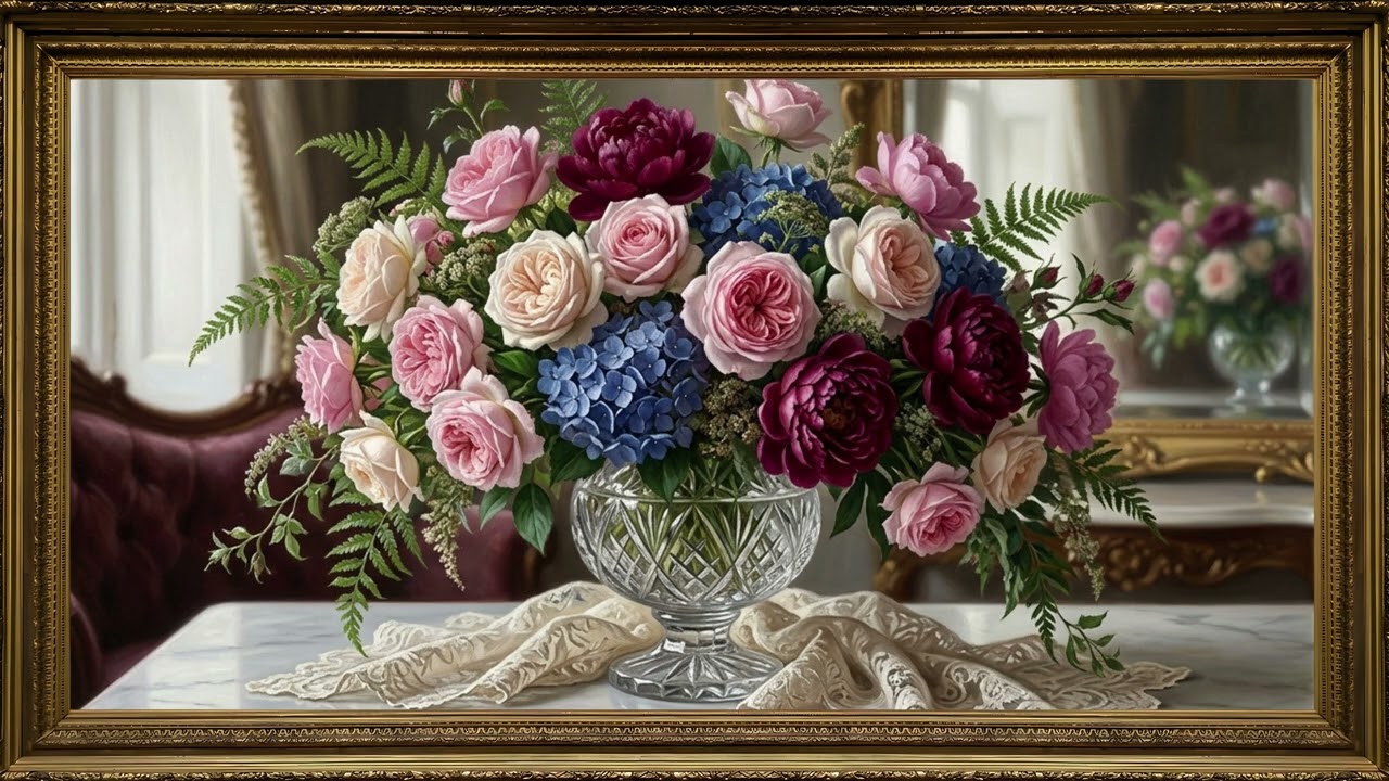 Vintage Floral Still Life Roses Hydrangea Gold Frame TV Art With Music | 2 Hours 4K — 4K ambient art screensaver in baroque gold frame