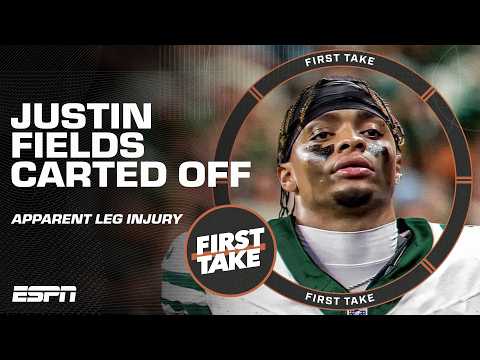 BREAKING: Justin Fields carted off practice field and limping with apparent leg injury | First Take