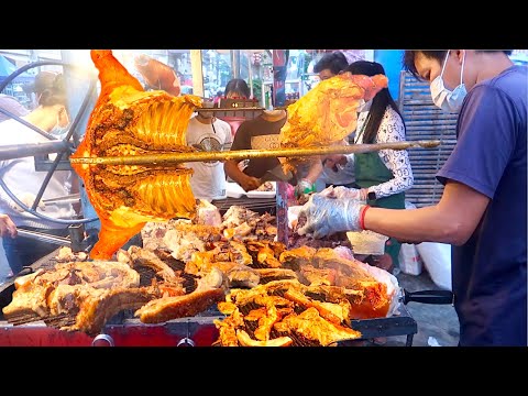 Best selling grilled pork, street food in Phnom Penh at Toul Tompoung Market
