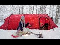 Solo snow camping  in a hot tent with a wood stove -20°C extreme cold l ASMR