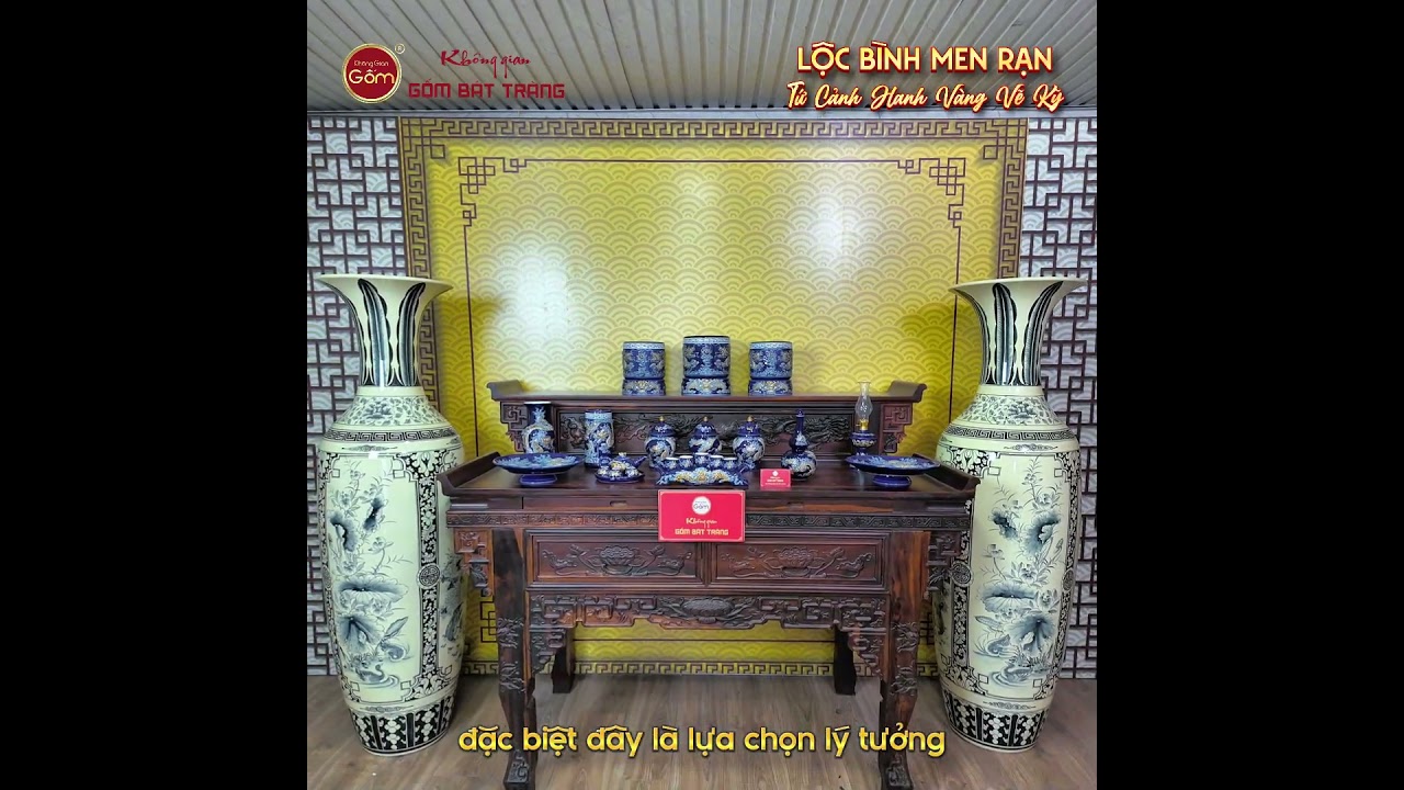 Lộc Bình 1M6 Men Rạn Tứ Cảnh Hanh Vàng Vẽ Kỹ