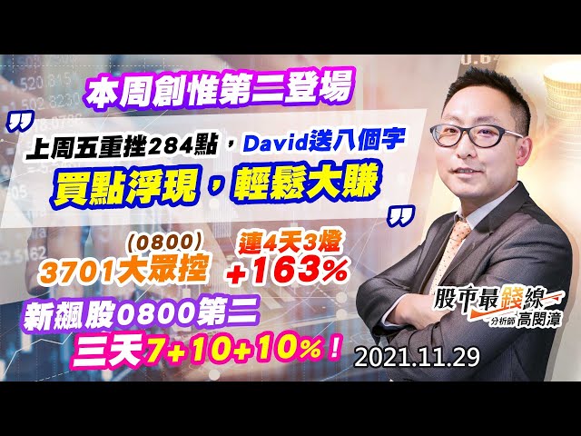 20211129《股市最錢線》#高閔漳，“本周創惟第二登場”“上周五重挫284點，David送八個字：買點浮現，輕鬆大賺”“3701大眾控(0800)連4天3燈+163%”