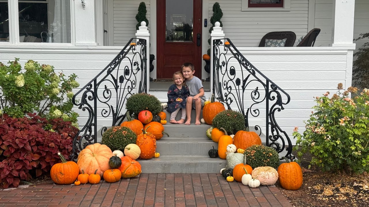 Harvesting Delicata Squash, Planting Greens & Pumpkin Display with the Kids! 🥰🌿🎃 // Garden Answer