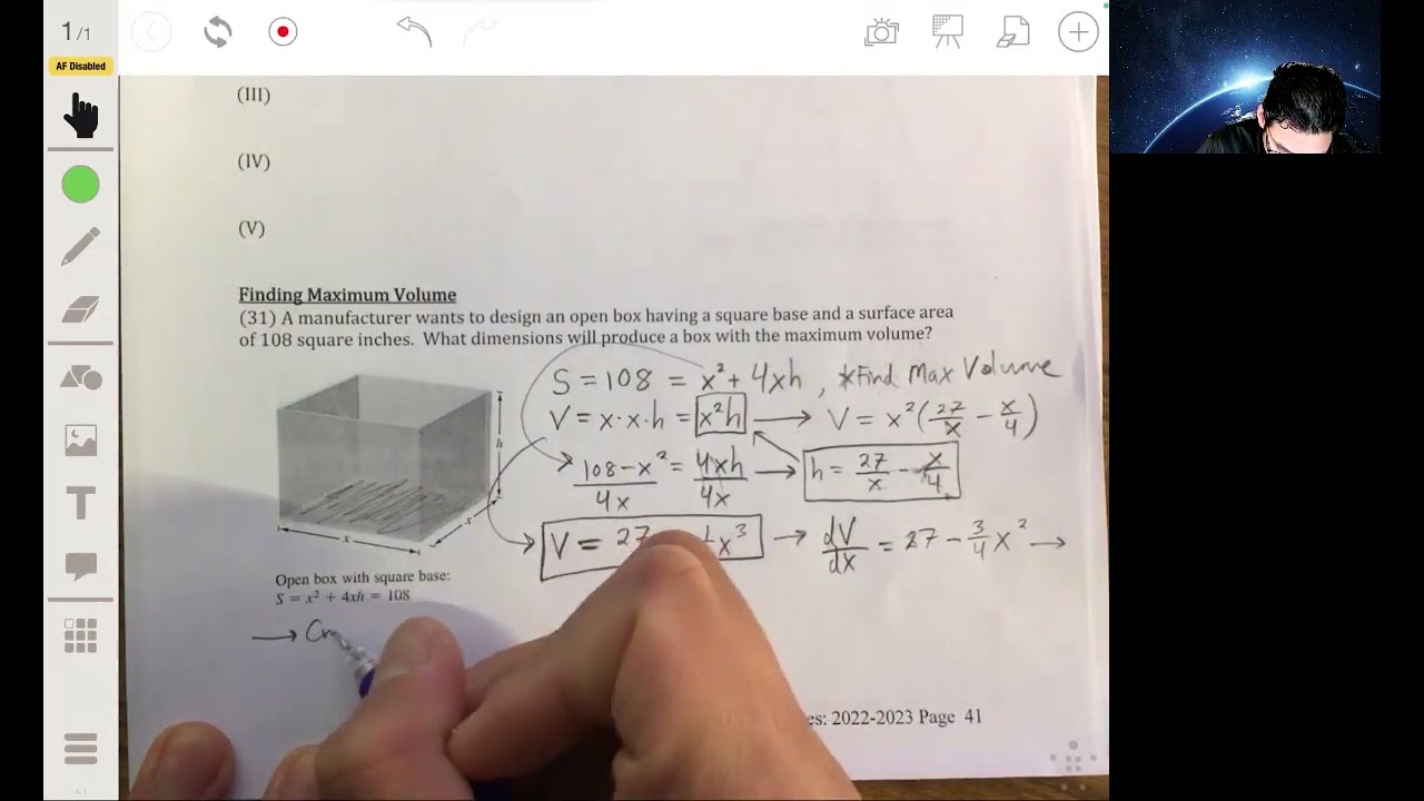 Optimization Problems: Finding Maximum Volume | AP Calculus AB/BC Lesson 3.7.1