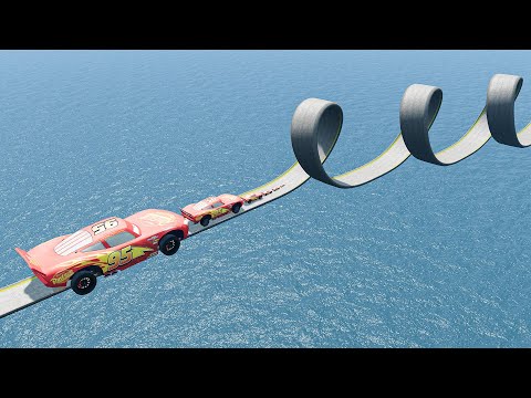 Big & Small Lightning Mcqueen vs Impossible Triple Loop Bridge Crossing - BeamNG.Drive
