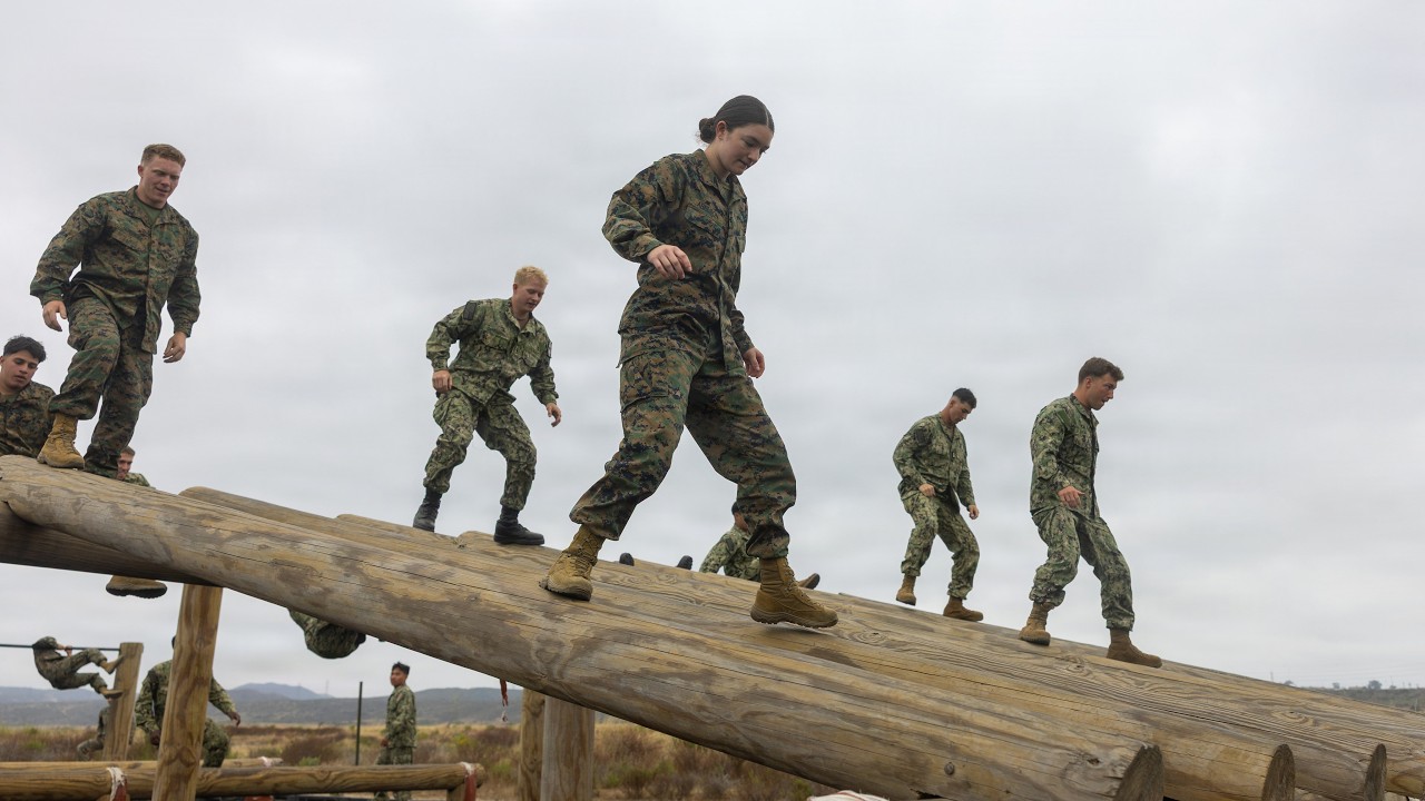 U.S. Naval Academy Midshipmen Run the Marine Corps Obstacle Course at Camp Pendleton, California