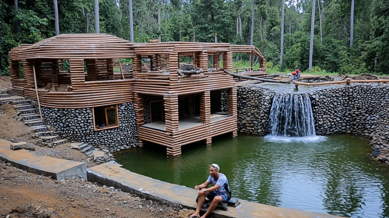 Man Builds LUXURY VILLA With Waterfall In The Wild | Start to Finish by @PrimitiveSkillsnet