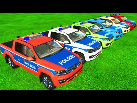 TRANSPORTING VOLKSWAGEN POLICE CARS WITH ISUZU COLORED TRUCKS - Farming Simulator 22