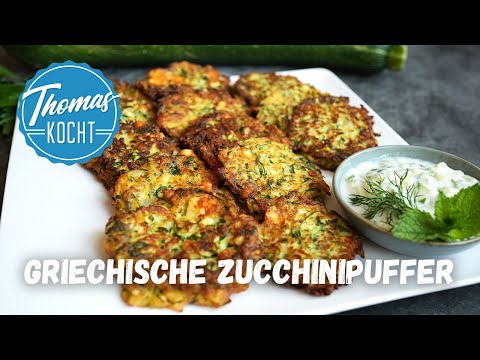 Griechische Zucchinipuffer mit Tzatziki - Kolokithokeftedes