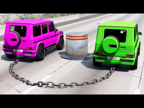 Chained Cars vs Large Bollards - BeamNG.drive