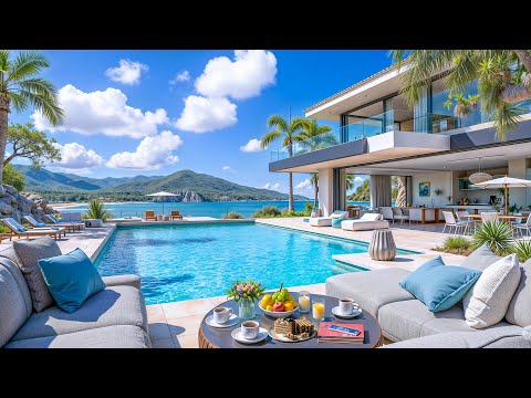 Summer Bossa Nova Jazz Music at Outdoor Seaside Luxury Villa with Soothing Waves Sound for Good Mood