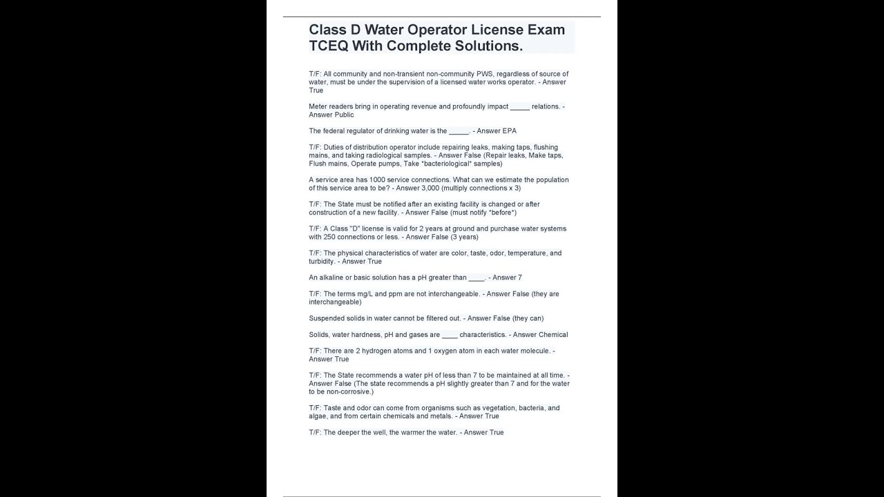 Class D Water Operator License Exam TCEQ With Complete Solutions pdf