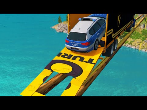 A HUGE Truck Rescues a Police car Car Rescue on Log Bridge | Cars vs Deep Water  - BeamNG Drive