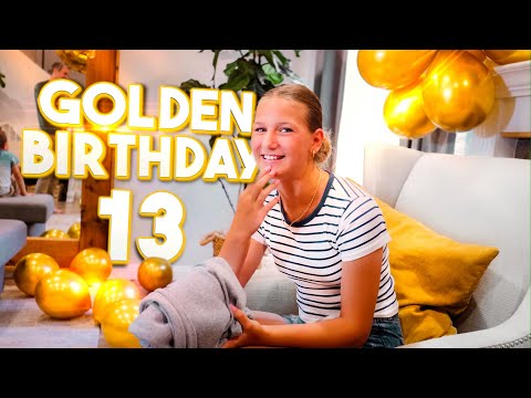 Teen girl at a birthday party with gold balloons; overlay text reads 'GOLDEN BIRTHDAY 13'.