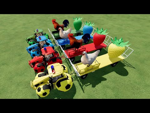 TRANSPORT OF COLOR! GIANT STRAWBERRY & CHICKEN LOAD w/ GIANT WHEEL JOHN DEERE & DODGE SRT POLICE CAR