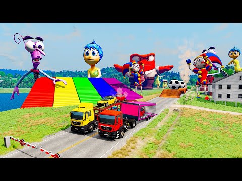 Double Flatbed Trailer Truck vs Speedbumps with MONSTERS Big & Small Cars with JOY | BeamNG.Drive