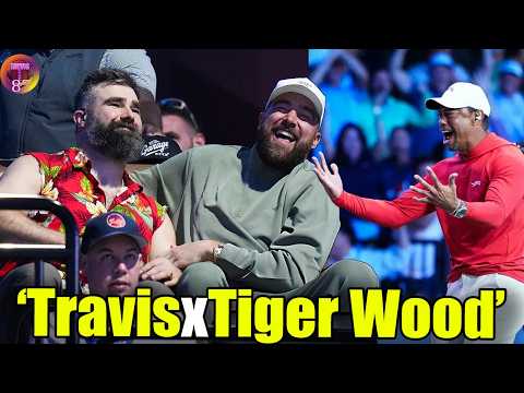 Travis Kelce shares a laugh and hug with Tiger Woods & Brother Jason during TGL Golf event