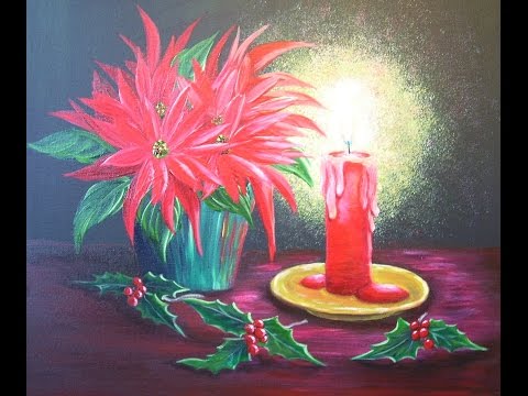 How to Paint a Christmas Candle ~ Poinsettias ~ Holly ~ Acrylic