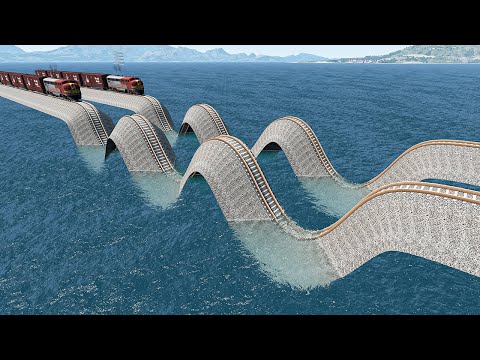 Impossible Wave Rail Tracks Vs Train Crossing loop path Deep Water - BeamNG.Drive