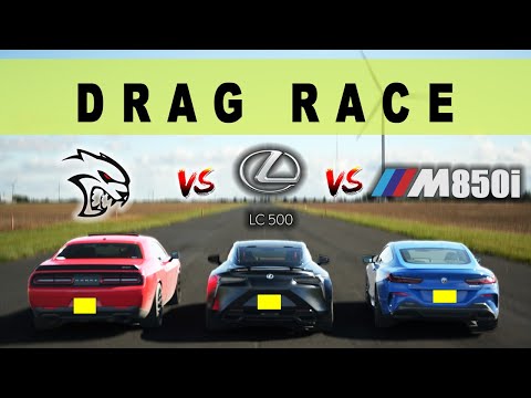 Thumbnail for 2023 BMW M850i vs Lexus LC500 Coupe vs Dodge Challenger SRT Hellcat, V8 Battle  Drag and Roll Race. by BMW, Dodge, Lexus