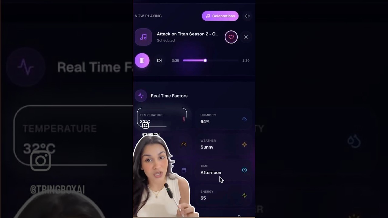 A vibrant, upscale restaurant interior showing customers enjoying their dining experience, overlaid with a digital visualization of Tringbox AI parsing temperature, humidity, and time data nodes.