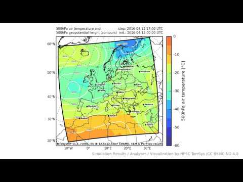 TerrSysMP monitoring run 2016-04-12 - 500hPa air temperature aund geopotential - Europe (72h)