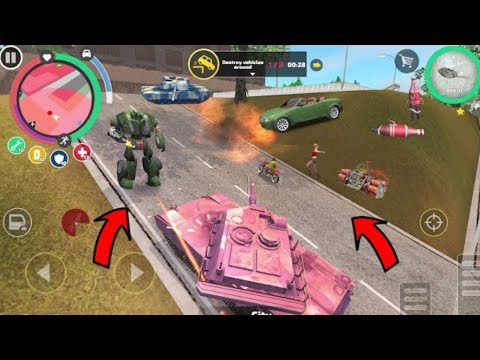 Rope Hero Vice Town (Pink Tank Fight Police Car Robot on climbing) Rope Hero Destroy Army Tank - HD